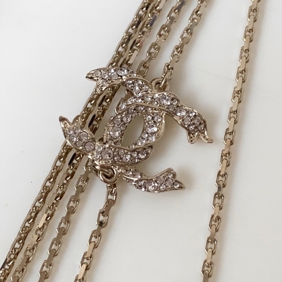 CHANEL Crystal Pearl Multi Strand Chain CC Arrow Necklace Gold - Picture 9 of 16